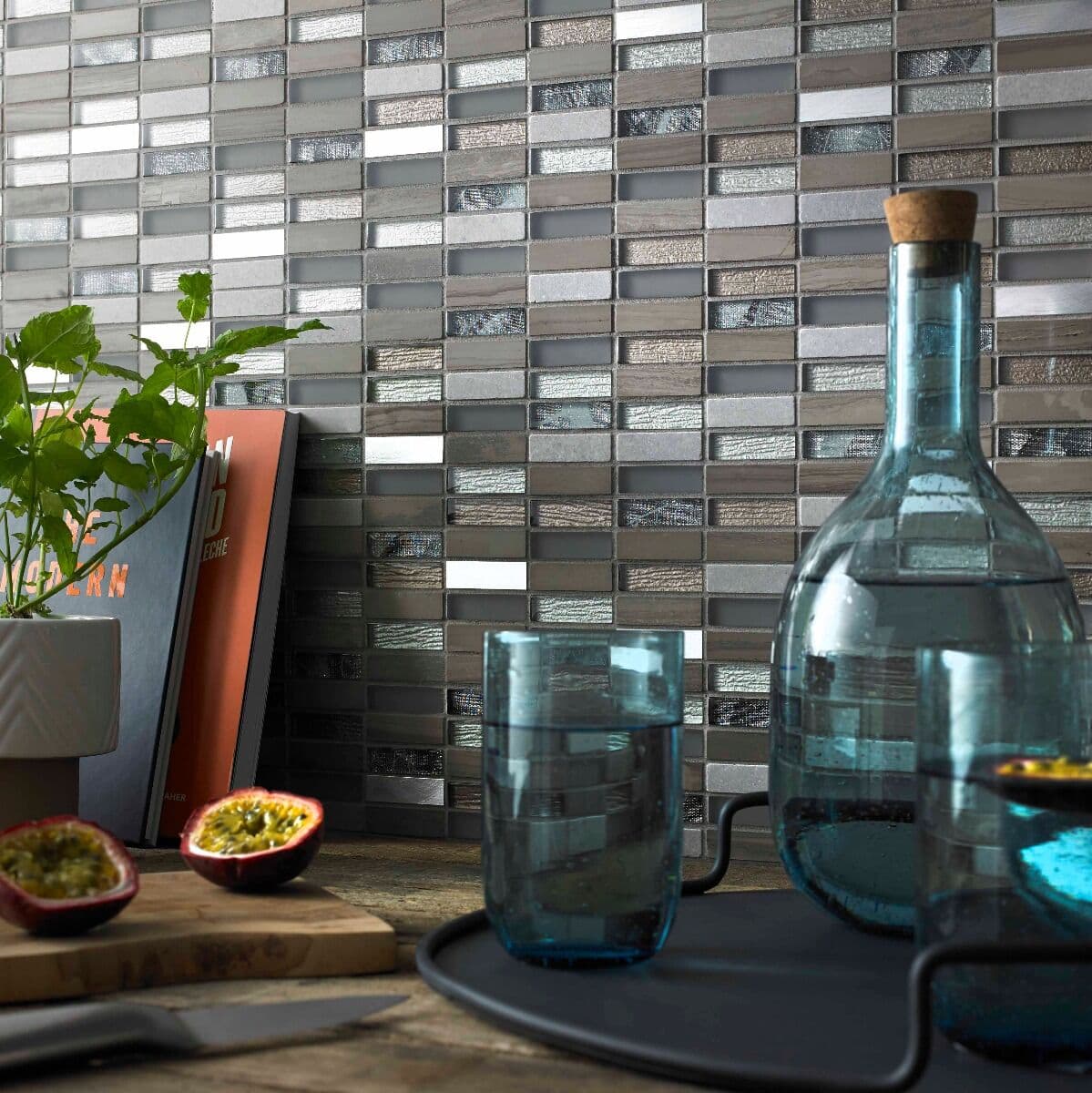 Heydon Beige Mix Stone/Glass & Metal Linear Mosaic 15x48mm