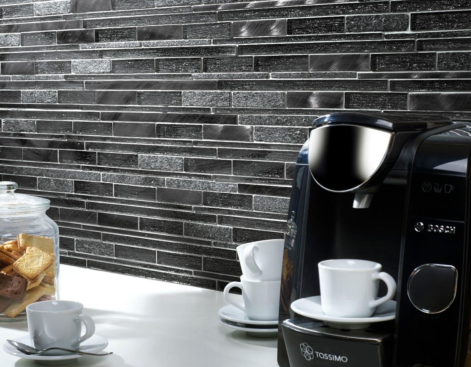 Kenton Grey Glass/Stone/Metal Mix Offset Linear Mosaic