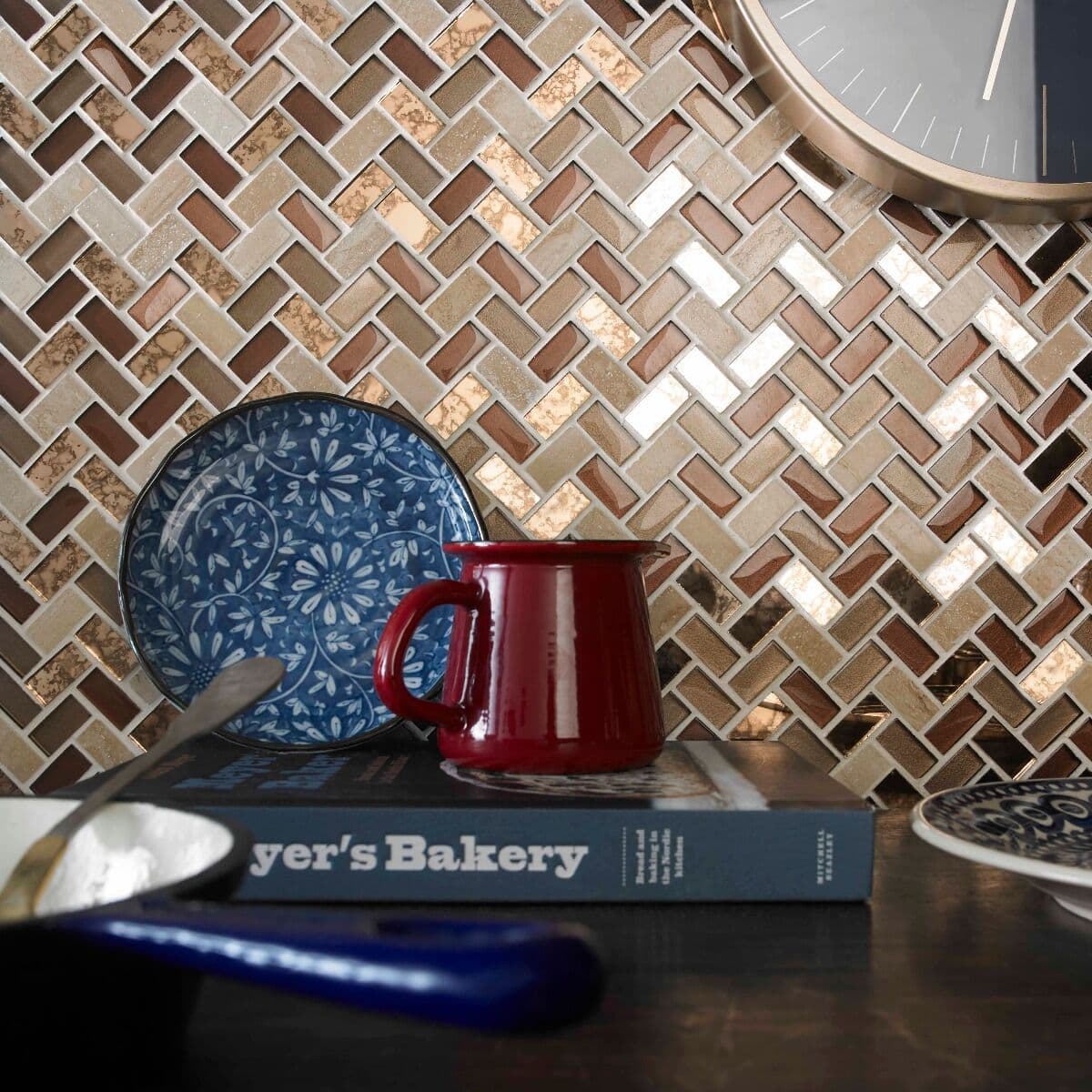 Pence Copper Herringbone Glass & Stone Mosaic 15x30mm